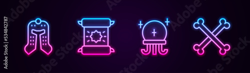Set line Medieval helmet, Decree, parchment, scroll, Magic ball and Crossed human bones. Glowing neon icon. Vector