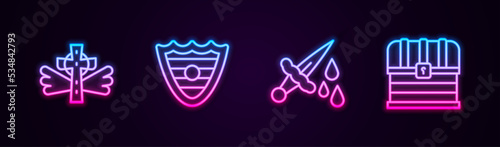 Set line Christian cross, Shield, Sword with blood and Chest. Glowing neon icon. Vector