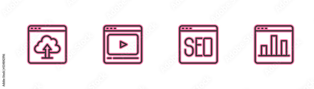 Set line Cloud upload, SEO optimization, Online play video and Graph chart infographic icon. Vector Set line Cloud upload, SEO optimization, Online play video and Graph chart infographic icon. Vector