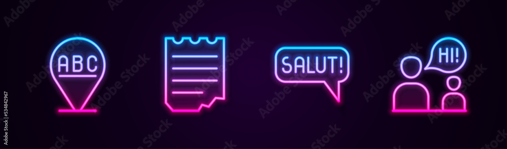 Set line Alphabet, Notebook, Salut in different languages and Two sitting men talking. Glowing neon icon. Vector Set line Alphabet, Notebook, Salut in different languages and Two sitting men talking. Glowing neon icon. Vector