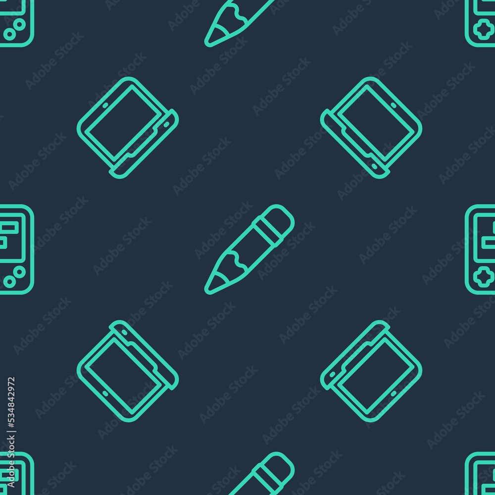 Set line Pencil with eraser, Laptop and Tetris electronic game on seamless pattern. Vector Set line Pencil with eraser, Laptop and Tetris electronic game on seamless pattern. Vector