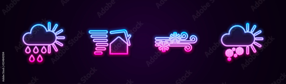 Set line Cloudy with rain and sun, Tornado swirl, Wind snow and . Glowing neon icon. Vector Set line Cloudy with rain and sun, Tornado swirl, Wind snow and . Glowing neon icon. Vector