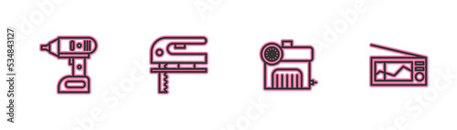 Set line Electric cordless screwdriver, Air compressor, jigsaw and Radio icon. Vector