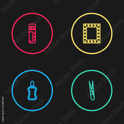 Set line Nail polish bottle, Eyebrow tweezers, Makeup mirror with lights and Shaving gel foam icon. Vector