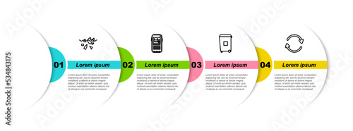 Set line Problem of pollution planet, Stop plastic, Trash can and Refresh. Business infographic template. Vector