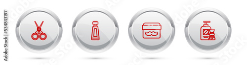 Set line Scissors hairdresser, Cream lotion cosmetic tube, jar and Shaving gel foam and brush. Silver circle button. Vector