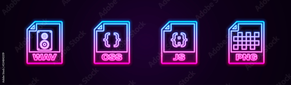 Set line WAV file document, CSS, JS and PNG. Glowing neon icon. Vector Set line WAV file document, CSS, JS and PNG. Glowing neon icon. Vector