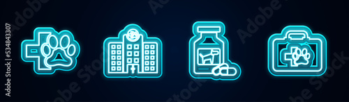 Set line Veterinary clinic, medicine hospital, Dog bottle and pills and Pet first aid kit. Glowing neon icon. Vector