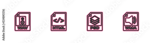 Set line WAV file document, PSD, HTML and WMA icon. Vector