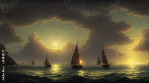 Vintage sailboat in the open sea under the night sky. Big full moon, reflection of light in the water. Fantasy sea landscape. 3D illustration.