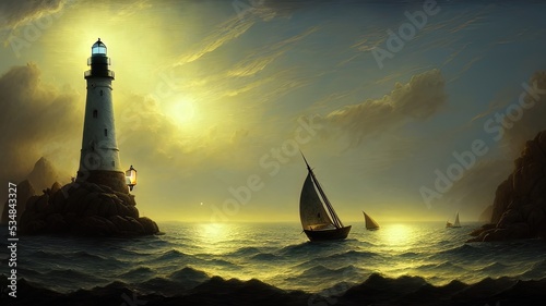 Vintage sailboat in the open sea under the night sky. Big full moon, reflection of light in the water. Fantasy sea landscape. 3D illustration. photo