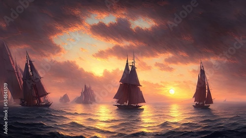 Vintage sailboat in the open sea under the night sky. Big full moon, reflection of light in the water. Fantasy sea landscape. 3D illustration. photo