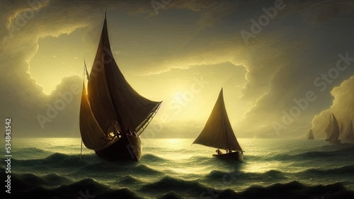 Vintage sailboat in the open sea under the night sky. Big full moon, reflection of light in the water. Fantasy sea landscape. 3D illustration. photo