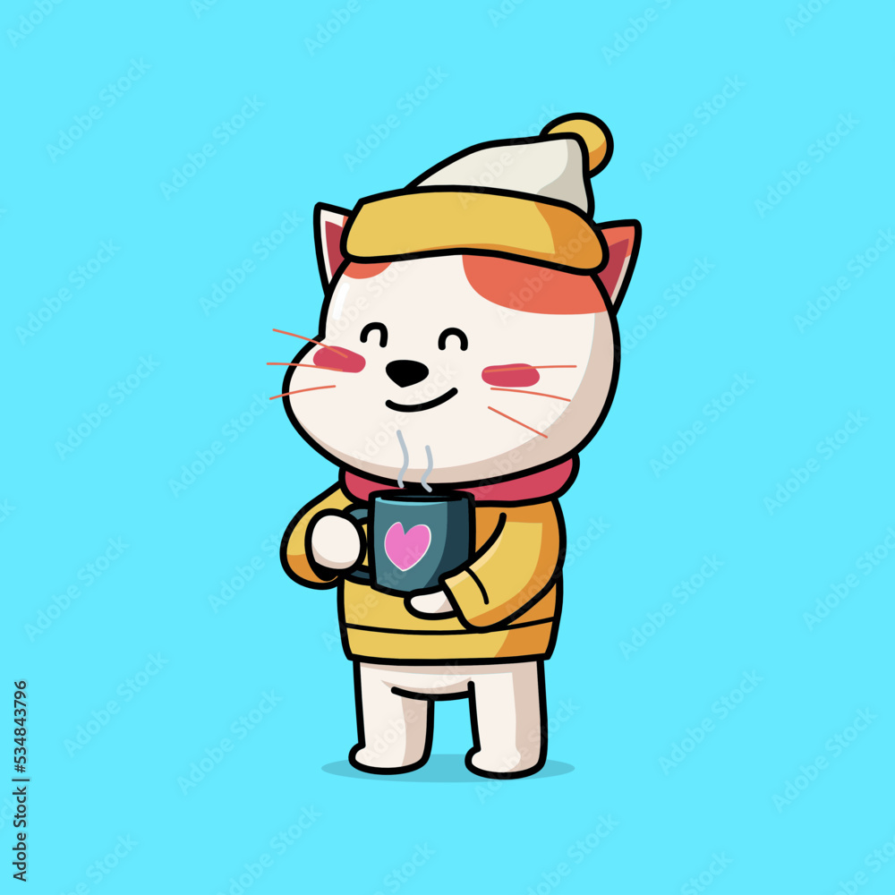 Cartoon illustration of cute cat in winter clothes holding a cup of hot drink