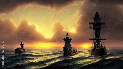 Vintage sailboat in the open sea under the night sky. Big full moon, reflection of light in the water. Fantasy sea landscape. 3D illustration. photo