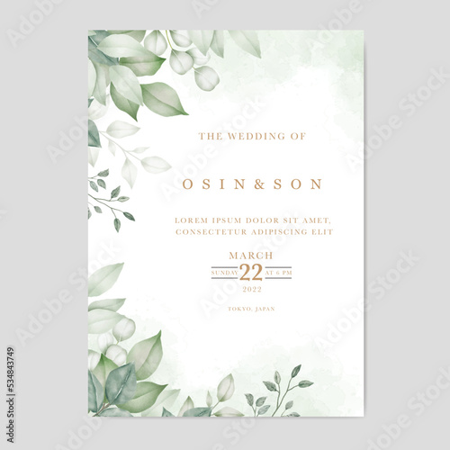 green leaves wedding invitation card template  © retno