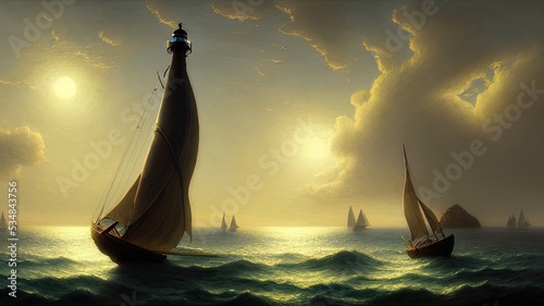 Vintage sailboat in the open sea under the night sky. Big full moon, reflection of light in the water. Fantasy sea landscape. 3D illustration. photo