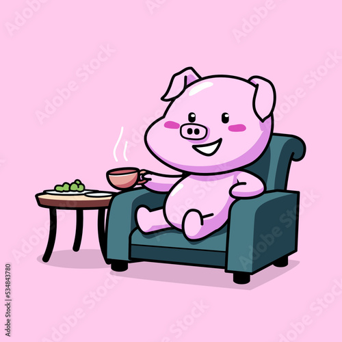 Cartoon illustration of cute pig sitting in the chair while holding a tea cup