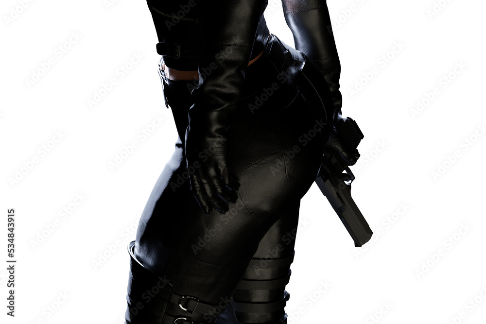 © PixlMakr - Sexy female assassin in glossy latex dress and panties and high heels on transparent background © PixlMakr - Sexy female assassin in glossy latex dress and panties and high heels on transparent background