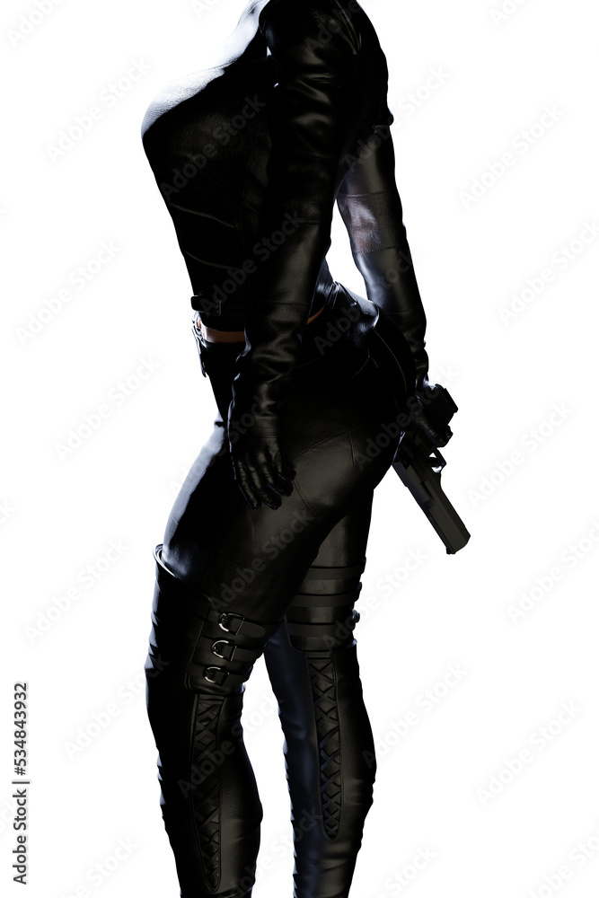 © PixlMakr - Sexy female assassin in glossy latex dress and panties and high heels on transparent background