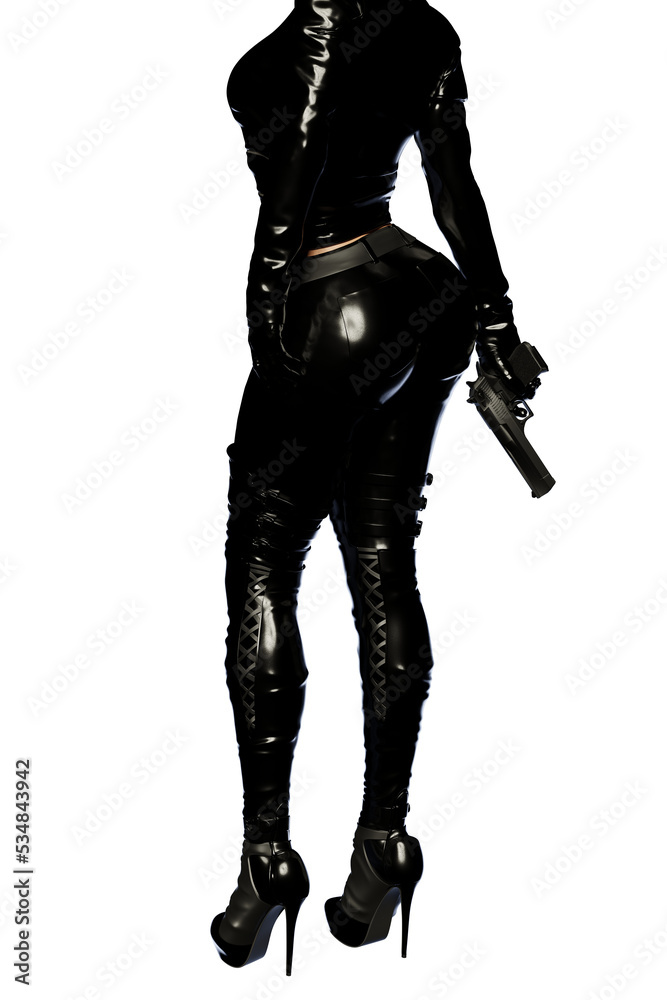 Sexy female assassin in glossy latex dress and panties and high heels on transparent background Sexy female assassin in glossy latex dress and panties and high heels on transparent background
