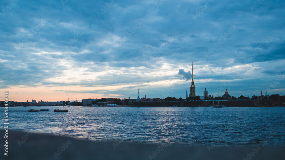 Sunset over Neva river, Saint Petersburg, Russia