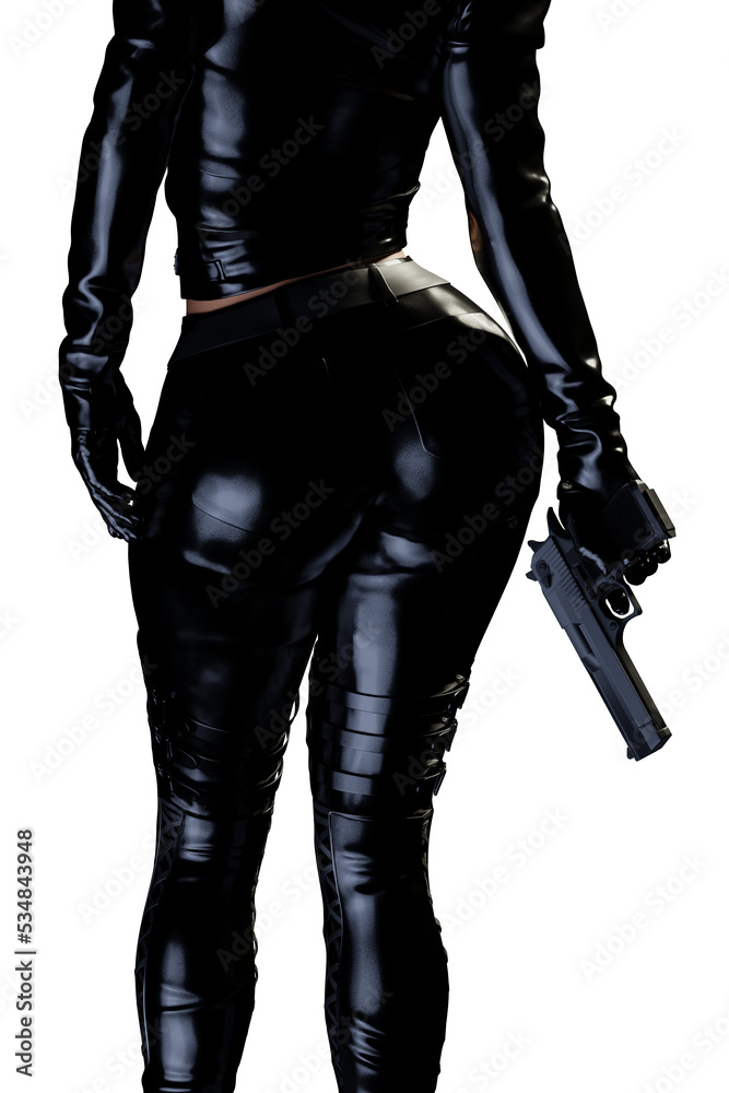 Sexy female assassin in glossy latex dress and panties and high heels on transparent background Sexy female assassin in glossy latex dress and panties and high heels on transparent background