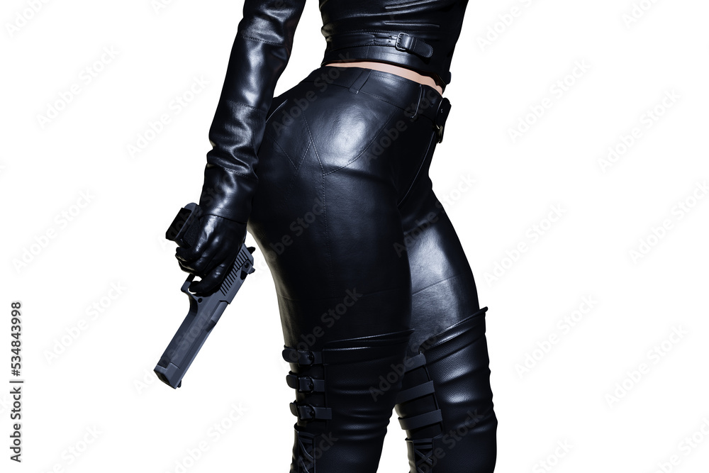 Sexy female assassin in glossy latex dress and panties and high heels on transparent background Sexy female assassin in glossy latex dress and panties and high heels on transparent background