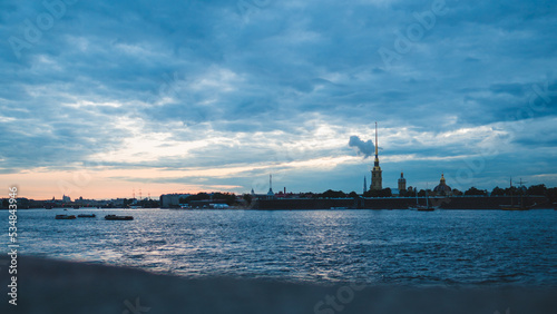 Sunset over Neva river, Saint Petersburg, Russia