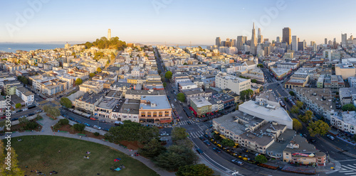 Aerial: panorama San Francisco cityscape during sunset. Drone view 