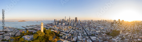 Aerial: epic San Francisco cityscape during sunset. Drone view 
