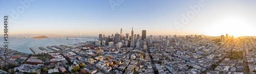 Aerial: beautiful San Francisco cityscape during sunset. Drone view 