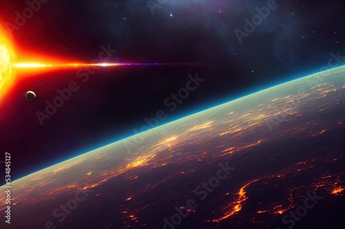 Astronaut cosmonaut discovery of new worlds of galaxies panorama  fantasy portal to far universe. Astronaut space exploration  gateway to another universe. 3d render