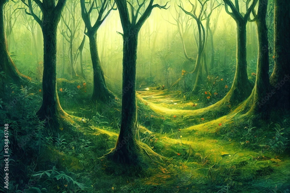 Naklejka premium fantasy forest background illustration painting. High Quality Illustration
