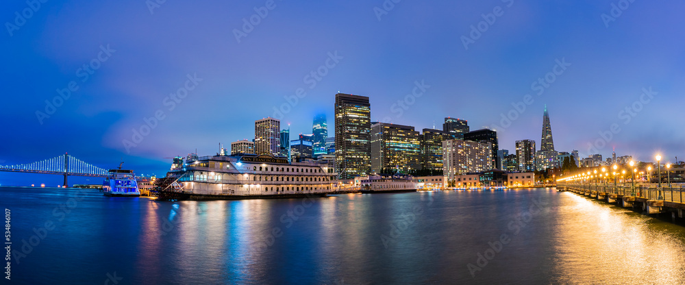 Beautiful city lights of San Francisco at night from the pier 