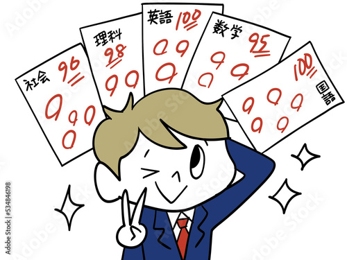 返却されたテストの答案と男子学生