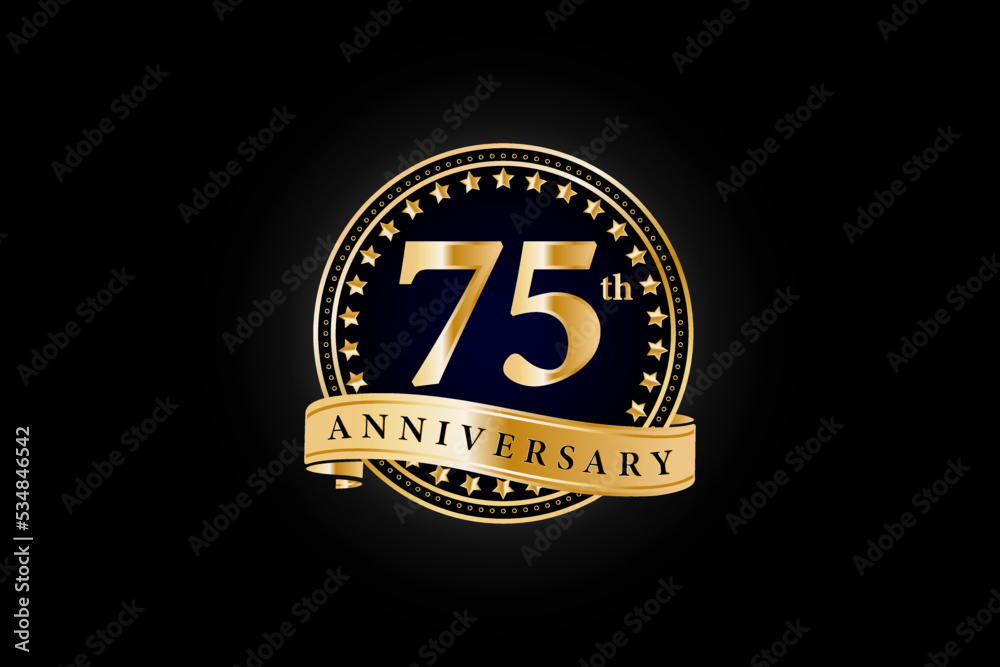 75th anniversary golden gold logo with gold ring and ribbon isolated on black background, vector design for celebration.