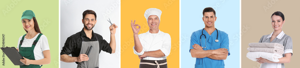 Collage with photos of people of different professions on color backgrounds. Banner design Collage with photos of people of different professions on color backgrounds. Banner design