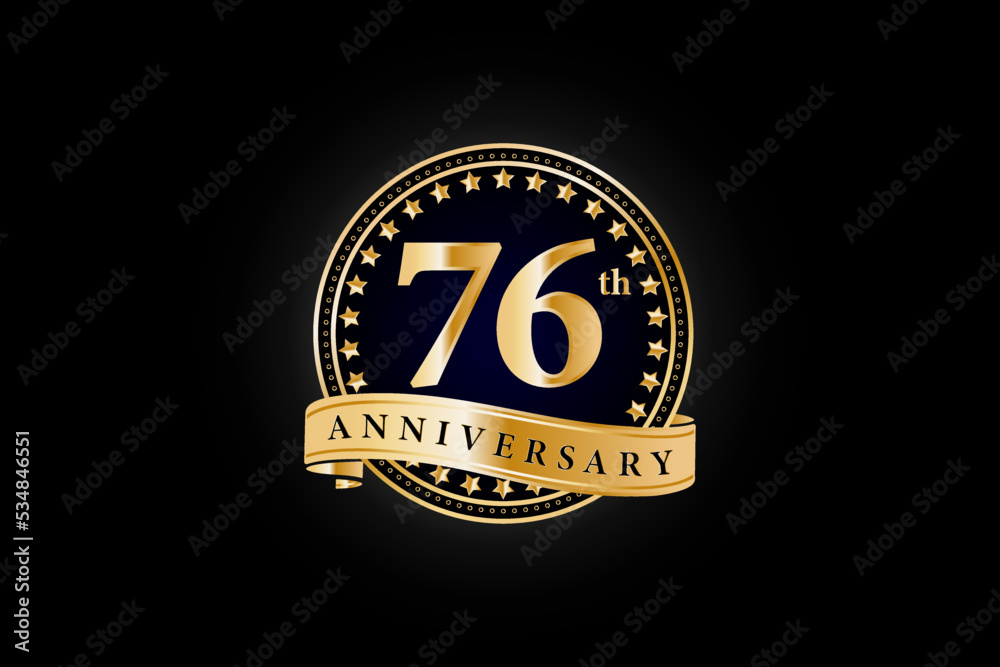 76th anniversary golden gold logo with gold ring and ribbon isolated on black background, vector design for celebration.