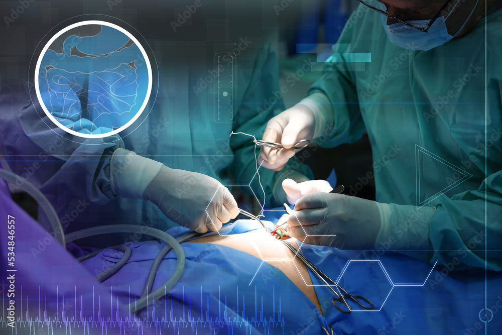 Team of professional doctors performing operation in surgery room and illustration of different virtual icons