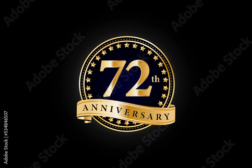 72th anniversary golden gold logo with gold ring and ribbon isolated on black background, vector design for celebration. photo