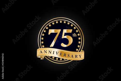 75th anniversary golden gold logo with gold ring and ribbon isolated on black background, vector design for celebration.
