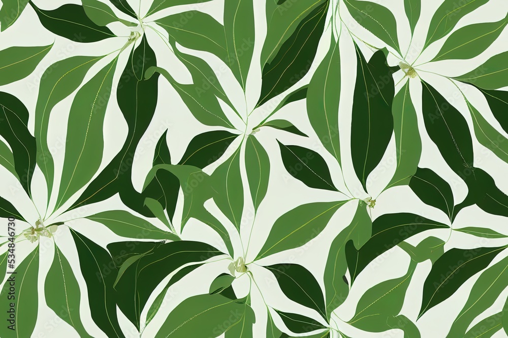 Floral seamless pattern, green, black and white split leaf Philodendron plant with vines on white background, pastel vintage theme