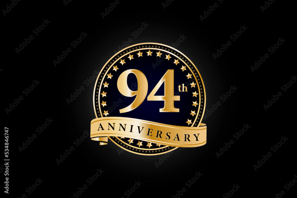 94th anniversary golden gold logo with gold ring and ribbon isolated on black background, vector design for celebration.