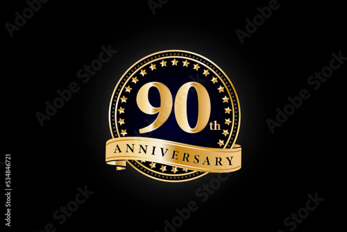 90th anniversary golden gold logo with gold ring and ribbon isolated on black background, vector design for celebration.