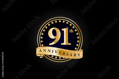 91th anniversary golden gold logo with gold ring and ribbon isolated on black background, vector design for celebration. photo