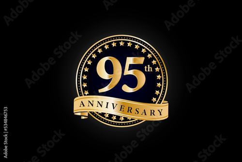 95th anniversary golden gold logo with gold ring and ribbon isolated on black background, vector design for celebration.