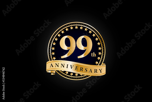 99th anniversary golden gold logo with gold ring and ribbon isolated on black background, vector design for celebration.