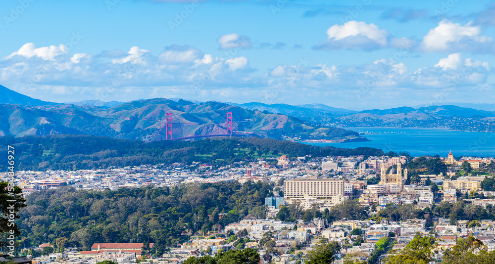 Scenic cityscape of San Francisco from Twin Peaks hills 
