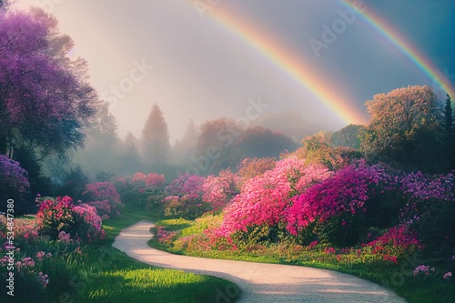 Fantasy panoramic photo background with pink rose garden, misty path leading to fabulous rainbow unicorn house. Idyllic tranquil morning scene and empty copy space. Road goes across hills to fairytale